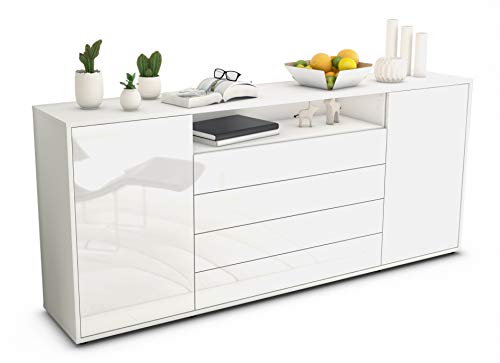 Stil.Zeit Sideboard Enzo - Korpus Weiss matt - Front Hochglanz Weiß (180x79x35cm) Push-to-Open Technik & Leichtlaufschienen von Stil.Zeit