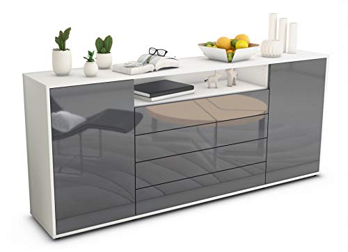 Stil.Zeit Sideboard Enzo, Korpus Weiss matt, Front Hochglanz Graphit (180x79x35cm) Push-to-Open Technik & Leichtlaufschienen von Stil.Zeit