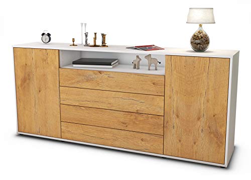 Stil.Zeit Sideboard Enzo, Korpus Weiss matt, Front Holz-Design Eiche (180x79x35cm) Push-to-Open Technik & Leichtlaufschienen von Stil.Zeit