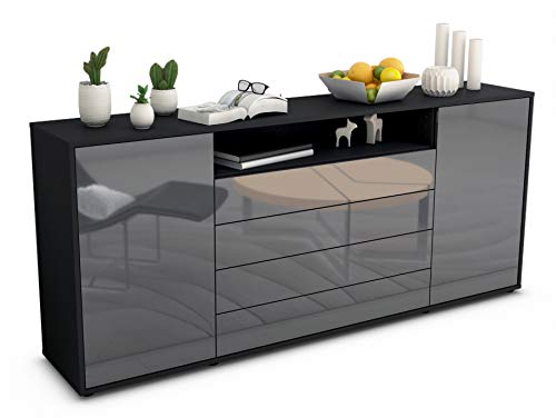 Stil.Zeit Sideboard Enzo - Korpus anthrazit matt - Front Hochglanz Graphit (180x79x35cm) Push-to-Open Technik & Leichtlaufschienen von Stil.Zeit