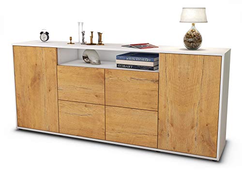 Stil.Zeit Sideboard Ephenia, Korpus Weiss matt, Front Holz-Design Eiche (180x79x35cm) Push-to-Open Technik von Stil.Zeit