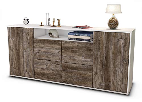 Stil.Zeit Sideboard Ephenia - Korpus Weiss matt - Front Holz-Design Treibholz (180x79x35cm) Push-to-Open Technik von Stil.Zeit