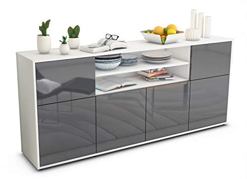 Stil.Zeit Sideboard Ermelina - Korpus Weiss matt - Front Hochglanz Graphit (180x79x35cm) Push-to-Open Technik von Stil.Zeit