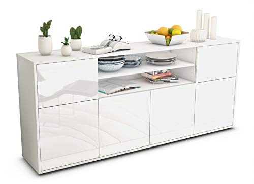 Stil.Zeit Sideboard Ermelina - Korpus Weiss matt - Front Hochglanz Weiß (180x79x35cm) Push-to-Open Technik von Stil.Zeit