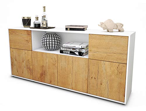 Stil.Zeit Sideboard Ermentrude - Korpus Weiss matt - Front Holz-Design Eiche (180x79x35cm) Push-to-Open Technik von Stil.Zeit