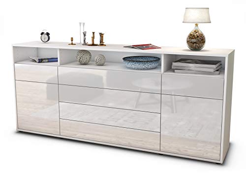 Stil.Zeit Sideboard Evelina - Korpus Weiss matt - Front Hochglanz Weiß (180x79x35cm) Push-to-Open Technik & Leichtlaufschienen von Stil.Zeit