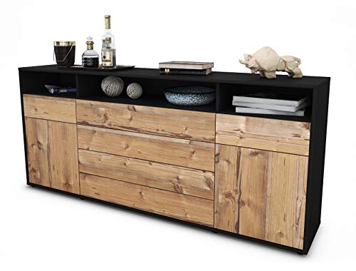 Stil.Zeit Sideboard Evelina - Korpus anthrazit matt - Front Holz-Design Pinie (180x79x35cm) Push-to-Open Technik & Leichtlaufschienen von Stil.Zeit