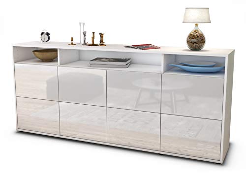 Stil.Zeit Sideboard Evita - Korpus Weiss matt - Front Hochglanz Weiß (180x79x35cm) Push-to-Open Technik von Stil.Zeit