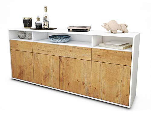 Stil.Zeit Sideboard Ezia - Korpus Weiss matt - Front Holz-Design Eiche (180x79x35cm) Push-to-Open Technik & Leichtlaufschienen von Stil.Zeit