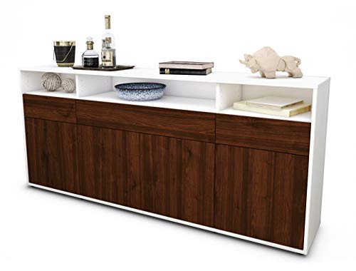 Stil.Zeit Sideboard Ezia, Korpus Weiss matt, Front Holz-Design Walnuss (180x79x35cm) Push-to-Open Technik & Leichtlaufschienen von Stil.Zeit