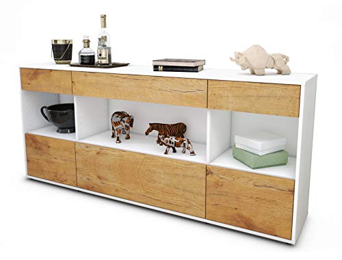 Stil.Zeit Sideboard Fabiana - Korpus Weiss matt - Front Holz-Design Eiche (180x79x35cm) Push-to-Open Technik & Leichtlaufschienen von Stil.Zeit