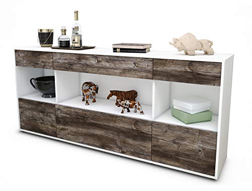 Stil.Zeit Sideboard Fabiana - Korpus Weiss matt - Front Holz-Design Treibholz (180x79x35cm) Push-to-Open Technik & Leichtlaufschienen von Stil.Zeit