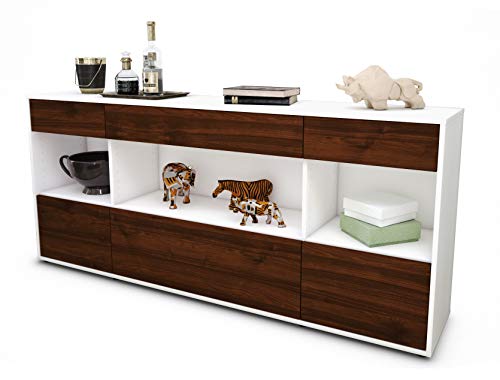 Stil.Zeit Sideboard Fabiana - Korpus Weiss matt - Front Holz-Design Walnuss (180x79x35cm) Push-to-Open Technik & Leichtlaufschienen von Stil.Zeit