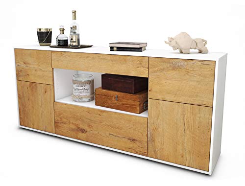 Stil.Zeit Sideboard Fabiola - Korpus Weiss matt - Front Holz-Design Eiche (180x79x35cm) Push-to-Open Technik & Leichtlaufschienen von Stil.Zeit