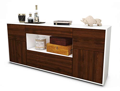 Stil.Zeit Sideboard Fabiola, Korpus Weiss matt, Front Holz-Design Walnuss (180x79x35cm) Push-to-Open Technik & Leichtlaufschienen von Stil.Zeit