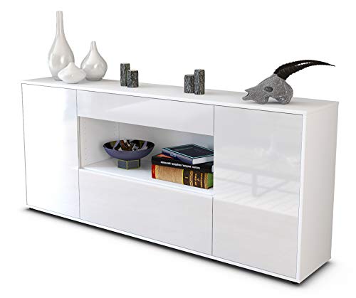 Stil.Zeit Sideboard Fiora - Korpus Weiss matt - Front Hochglanz Weiß (180x79x35cm) Push-to-Open Technik & Leichtlaufschienen von Stil.Zeit