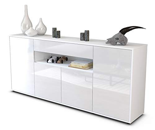 Stil.Zeit Sideboard Fiorella, Korpus Weiss matt, Front Hochglanz Weiß (180x79x35cm) Push-to-Open Technik & Leichtlaufschienen von Stil.Zeit