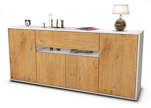 Stil.Zeit Sideboard Flavia, Korpus Weiss matt, Front Holz-Design Eiche (180x79x35cm) Push-to-Open Technik & Leichtlaufschienen von Stil.Zeit