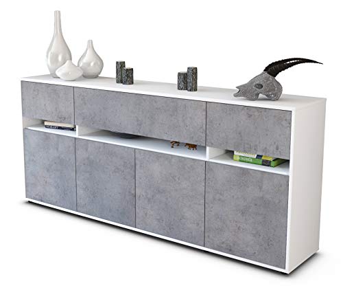 Stil.Zeit Sideboard Flora, Korpus Weiss matt, Front Industrie-Design Beton (180x79x35cm) Push-to-Open Technik & Leichtlaufschienen von Stil.Zeit