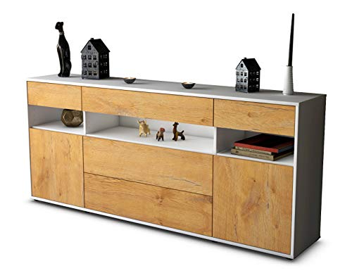 Stil.Zeit Sideboard Floria - Korpus Weiss matt - Front Holz-Design Eiche (180x79x35cm) Push-to-Open Technik & Leichtlaufschienen von Stil.Zeit