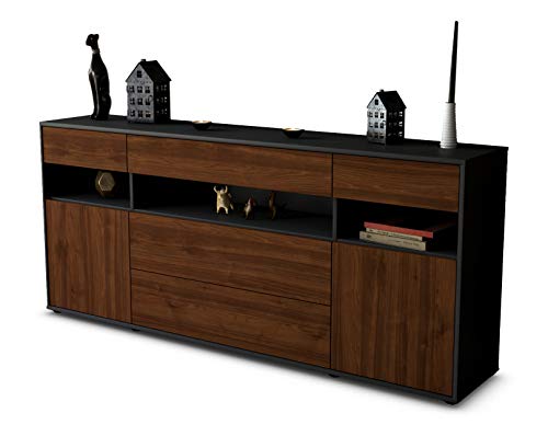 Stil.Zeit Sideboard Floria, Korpus anthrazit matt, Front Holz-Design Walnuss (180x79x35cm) Push-to-Open Technik & Leichtlaufschienen von Stil.Zeit