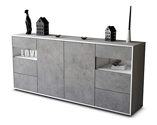 Stil.Zeit Sideboard Francesca, Korpus Weiss matt, Front Industrie-Design Beton (180x79x35cm) Push-to-Open Technik & Leichtlaufschienen von Stil.Zeit