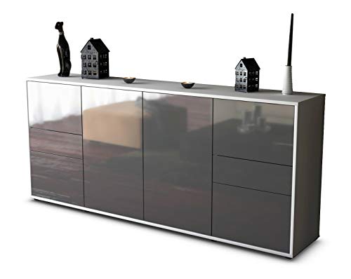 Stil.Zeit Sideboard Gemma - Korpus Weiss matt - Front Hochglanz Graphit (180x79x35cm) Push-to-Open Technik & Leichtlaufschienen von Stil.Zeit