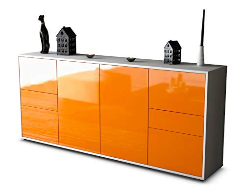 Stil.Zeit Sideboard Gemma - Korpus Weiss matt - Front Hochglanz Mandarine (180x79x35cm) Push-to-Open Technik & Leichtlaufschienen von Stil.Zeit