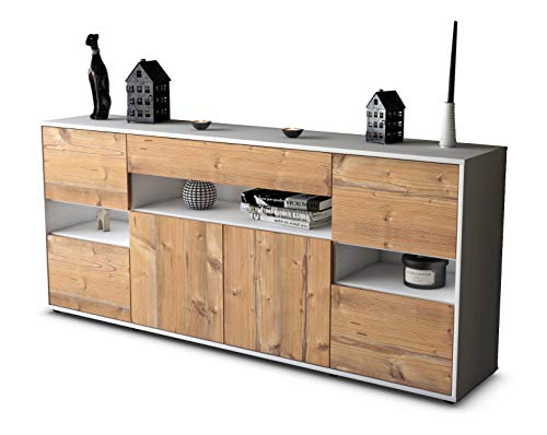 Stil.Zeit Sideboard Ginevra - Korpus Weiss matt - Front Holz-Design Pinie (180x79x35cm) Push-to-Open Technik & Leichtlaufschienen von Stil.Zeit