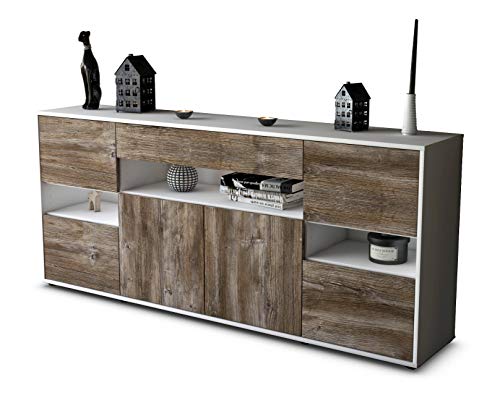 Stil.Zeit Sideboard Ginevra, Korpus Weiss matt, Front Holz-Design Treibholz (180x79x35cm) Push-to-Open Technik & Leichtlaufschienen von Stil.Zeit