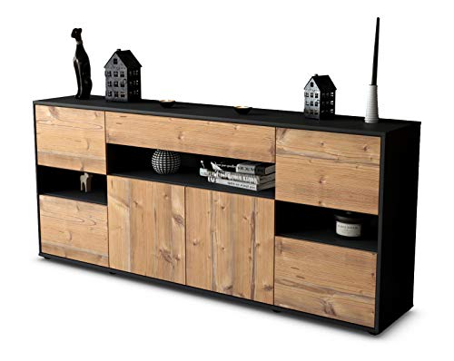 Stil.Zeit Sideboard Ginevra - Korpus anthrazit matt - Front Holz-Design Pinie (180x79x35cm) Push-to-Open Technik & Leichtlaufschienen von Stil.Zeit