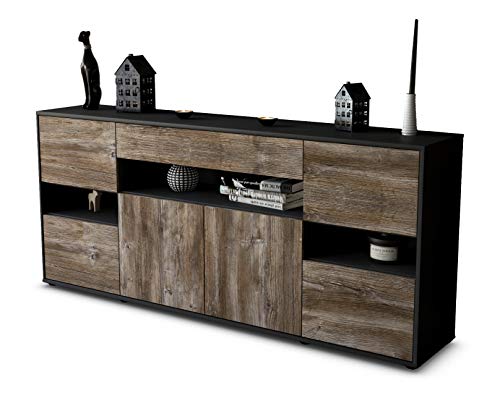 Stil.Zeit Sideboard Ginevra, Korpus anthrazit matt, Front Holz-Design Treibholz (180x79x35cm) Push-to-Open Technik & Leichtlaufschienen von Stil.Zeit