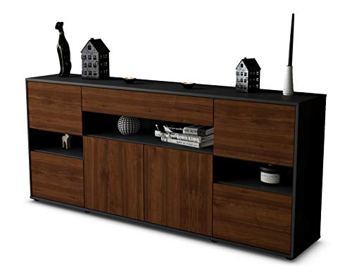 Stil.Zeit Sideboard Ginevra - Korpus anthrazit matt - Front Holz-Design Walnuss (180x79x35cm) Push-to-Open Technik & Leichtlaufschienen von Stil.Zeit