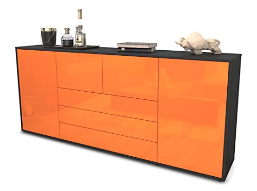 Stil.Zeit Sideboard Ole, Korpus anthrazit matt, Front Hochglanz Mandarine (180x79x35cm) Push-to-Open Technik & Leichtlaufschienen von Stil.Zeit