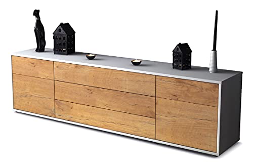 Stil.Zeit TV Schrank Lowboard, Andrico, Korpus Weiss matt, Front Holz-Design Eiche, (180x49x35cm), Push to Open Technik & Leichtlaufschienen von Stil.Zeit