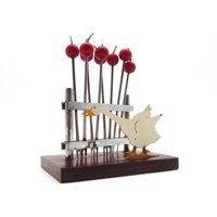 Beautiful Art Deco Cherry Bakelite Cocktail Picks Sticks in Enamel Duck Holder von StilelementeGALLERY