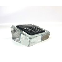Rare Mid Century Ice Glass Block Working Calculator By Mbo Minimalist Office Decoration Paperweight von StilelementeGALLERY