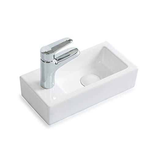 STILFORM Gäste WC Waschbecken aus feinster Keramik in Brillant Weiß für Wandmontage oder als Aufsatzwaschbecken mit Hahnloch Maße 370 x 185 x 90 mm (Hahnloch Links) von Stilform