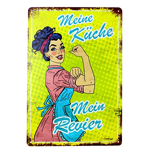 Blechschild Retro - Meine Küche Mein Revier - 20x30cm - Originelles Geschenk für Mama oder Freundin, Vintage Metallschild zur Dekoration von Stilingo