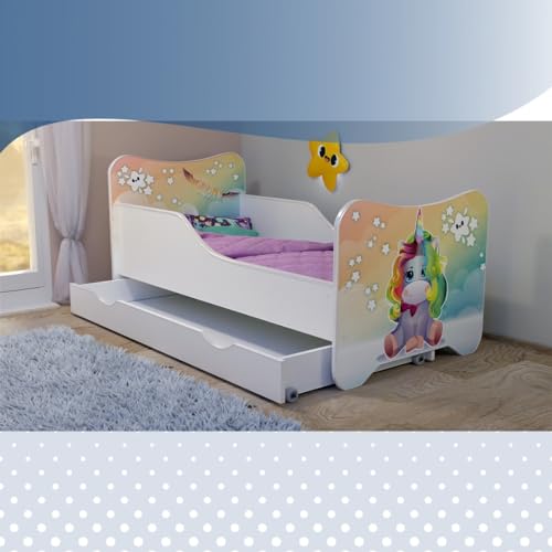 Stillerbursch Kinderbett 80x160 cm Ben Motiv Einhorn | Set inklusive Lattenrost Matratze Schublade | Jugendbett 160x80 cm, mit Rausfallschutz | hohe Stabilität Komplettbett von Stillerbursch