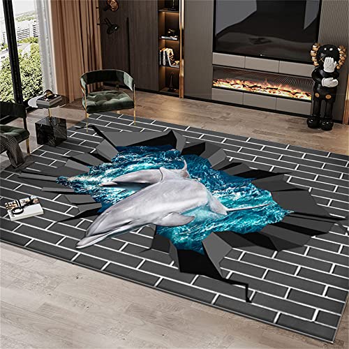 3D-Bereich Teppichmatte Fledermaus Spinne Delfin Vulkan Sternenhimmel Tier Wildtier Boden Teppich Wohnzimmer Büro Kinderzimmer Schlafzimmer Dekor rutschfest Waschbar (Delfin,120x160 cm) von Stillshine.