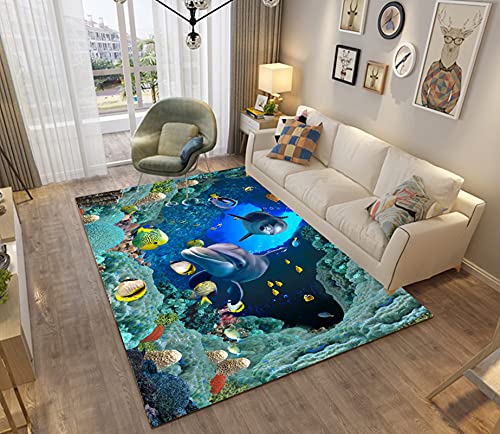 3D Ozean Tier Teppich Kinder Junge Erwachsene Schlafzimmer Dekoration,Meeresschildkröte Tintenfisch Delfin Motiv Modern rutschfest Flanell Kinderteppiche (Farbe 4, 80×120 cm) von Stillshine.