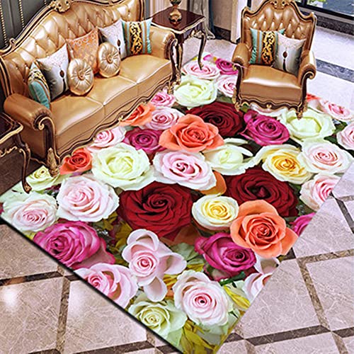 3D Rose Blume Rot Weiß Rosa Bunt Gemusterter Teppich Schlafzimmer Teppich Wohnzimmer Schlafzimmer Dekoration Bodenbelag Innenbereich Teppich Waschbar Anti-Rutsch-Teppichpolsterung (A1,100x200cm) von Stillshine.