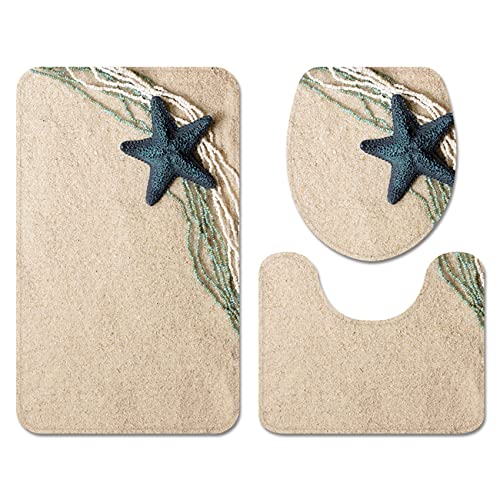 Badematten Set 3-teilig Seestern Strand Hülse Fischernetz Bunt Badezimmerteppich WC Vorleger mit Ausschnitt Set rutschfeste Waschbar Flanell Toilettensitzbezug Combo (Farbe 2,50×80 cm 3PCS) von Stillshine.
