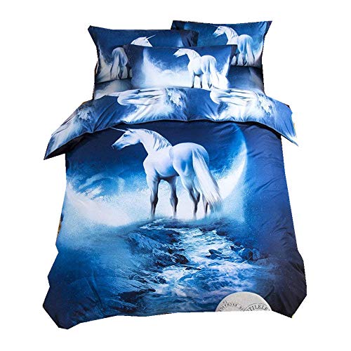 Bettbezug Set 3D Galaxy Sternenhimmel Universum Mond Einhorn Duvet Quilt Und Kissenbezug Einzelbett 135x200cm für Kinder, Jungen, Mädchen Bettwäsche-Set (Blaues Einhorn, 135 x 200 cm) von Stillshine