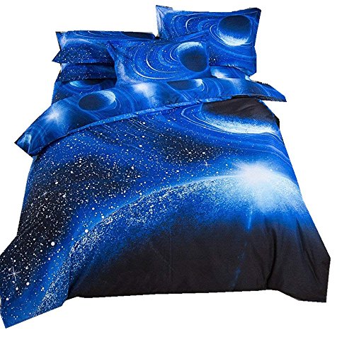 Bettbezug Set 3D Galaxy Sternenhimmel Universum Mond Einhorn Duvet Quilt Und Kissenbezug Einzelbett 135x200cm für Kinder, Jungen, Mädchen Bettwäsche-Set (Umlaufbahn des blauen Planeten, 135 x 200 cm) von Stillshine