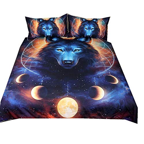 Bettbezug Set 3D Galaxy Sternenhimmel Universum Mond Wolf Eule Elch Löwe Bettbezug Und Kissenbezug für Kinder, Jungen, Mädchen Bettwäsche-Set mit Reißverschluss (Kosmische Milchstraße Wolf, 135x200xm) von Stillshine