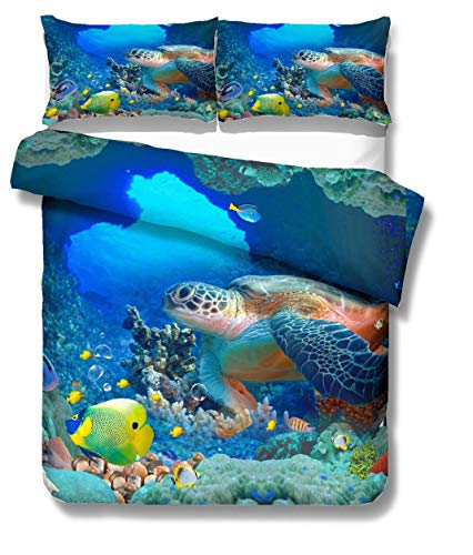 Bettwäsche Set 3D Tier Ozean Schildkröte Hai Digitaldruck Blau Bettbezug und Kissenbezug Kinder Junge Mädchen (Schildkröte und Fisch, Einzelbett 135x200 cm 2 Stück) von Stillshine