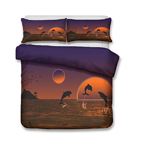 Bettwäsche Set Delfin Muster 3D Ozean Blau Himmel Regenbogen Sonnenaufgang Wolken Landschaft Bettbezug und Kissenbezug 80x80 cm, Bettwäsche für Kinder Junge Mädchen (D,Einzelbett 135x200 cm) von Stillshine.