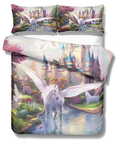 Bettwäsche Set Einzelbett 135x200 Kind Mädchen Creative 3D Märchenwelt Fantasy Schloss Weißer Pegasus Einhorn Karikatur Bettbezug Feuchtigkeitsfest Weich und atmungsaktiv von Stillshine